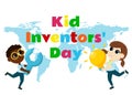 Kid Inventors Day. Cute boy and girl with light bulb and wrench and text Children\'s Invention Day.