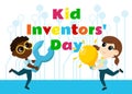 Kid Inventors Day. Cute boy and girl with light bulb and wrench and text Children\'s Invention Day.