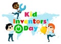 Kid Inventors Day. Cute boy and girl with light bulb and wrench and turn on button and text Children\'s Invention Day.