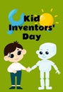 Kid Inventors Day. A cute boy is holding a charming robot by the hand. Illustration in cartoon style. Royalty Free Stock Photo