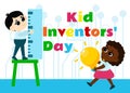 Kid Inventors Day. A cute boy and measures letters and a girl carries a light bulb in her hands.