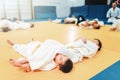 Kid judo, fight training, martial art Royalty Free Stock Photo