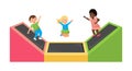 Kid jumping on trampoline. Children leisure, kids zone, active rest for little girl and boy Royalty Free Stock Photo