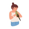 Kid kissing parrot. Happy child holding budgerigar. Pet owner with home bird. Colored flat vector illustration of little Royalty Free Stock Photo