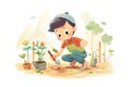 kid on knees transplanting seedlings into a vegetable patch