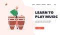 Kid Learn to Play Music Landing Page Template. Little Boy Playing African Drums, Percussion Instruments, Artist Perform Royalty Free Stock Photo