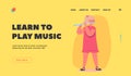 Kid Learn to Play Music Landing Page Template. Little Girl Playing Flute. Child Playing, Training in Music School Royalty Free Stock Photo