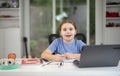 Kid learning at home with laptop and books. Child learn online using laptop at desk. Learning with homework in child room. E Royalty Free Stock Photo