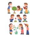 Kid Learning about Plants Set, Cute Little Boys and Girls Looking at Flowers and Trees in Garden Cartoon Vector Royalty Free Stock Photo