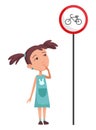 Kid learning road sign. Traffic road education. School kid learning rules of road set. Children learn, educational scene