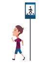 Kid learning road sign. Traffic road education. School kid learning rules of road set. Children learn, educational scene