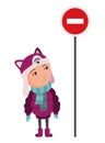 Kid learning road sign. Traffic road education. School kid learning rules of road set. Children learn, educational scene