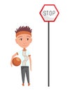 Kid learning road sign. Traffic road education. School kid learning rules of road set. Children learn, educational scene