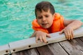 Happy little kid boy having fun in an swimming pool. Active happy preschool child learning to swim. Royalty Free Stock Photo