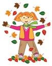 Kid in leaves red hair girl