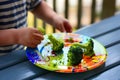 kid leaving behind uneaten broccoli on a colorful dinner plate