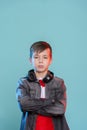 Kid listening music headphones. Music beat concept. Entertainment and fun. Child or teen enjoy music Royalty Free Stock Photo