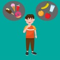 Kid or little boy is thinking to select eating fruit and dessert. Vector illustration design