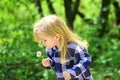 Kid with long blond hair in plaid shirt outdoor Royalty Free Stock Photo