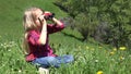 Kid Looking Binocular, Child Playing with Spyglass in Mountains, Tourist Girl on Meadow in Park, Children in Trip, Camping Royalty Free Stock Photo