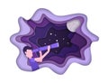 Kid is looking the stars with telescope. Universe discovery vector concept in paper art style. Origami paper cut design.