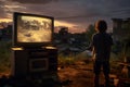 kid looking a tv outdoors in depressive slum neighborhood area at summer evening, neural network generated