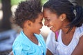 Kid, love or mother hiking in nature or forest to relax or bond on a summer holiday vacation trip. Child, black family Royalty Free Stock Photo