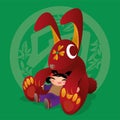 Kid loves playing with Chinese zodiac animal - Rabbit