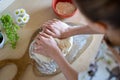Kid is making, easy to prepare and healthy, home made irish soda bread - during stay at home Royalty Free Stock Photo