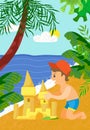 Little Boy Making Sandcastle on Beach, Sea Vector Royalty Free Stock Photo