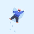 Kid making snow angel, lying in snowdrift, top view. Child with snowy wings, winter holiday fun. Funny outdoor leisure