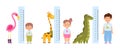 Kid measure height. Different growth and ages children stand near wall-mounted growth meters with funny cute animals decor. Pink