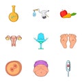 Kid in mother stomach icons set, cartoon style