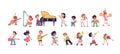 Kid musician characters. Children playing instruments, young orchestra band music lesson, fun kids play sing drums Royalty Free Stock Photo