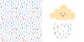 Kid nursery set of cute vector illustration with baby smiling face and rainbow rain drops and seamless pattern background with Royalty Free Stock Photo
