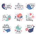 Kid party card design with cute narwhals, mermaid, and other sea animals. Royalty Free Stock Photo