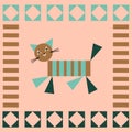 Kid patchwork quilt vector with geometrical cat and simple geometrical shapes. Surface pattern mosaic design with a cat