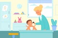 Kid pediatrician examination. Nurse examines baby ears. Doctor with little patient. Toddler at medical appointment Royalty Free Stock Photo