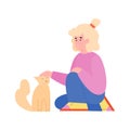 Kid petting a cat - cartoon girl with pet animal sitting on the floor