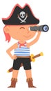 Kid in pirate costume looking in spyglass. Cartoon boy