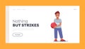 Kid Play Bowling Game Landing Page Template. Happy Little Boy Character Holding Bowling Ball Prepare to Hit Strike