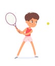 Kid player playing tennis with racket and ball on court, fun outdoor recreation of boy Royalty Free Stock Photo