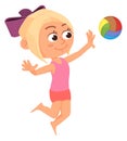 Kid playing beach ball. Cartoon funny girl Royalty Free Stock Photo