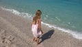 Kid Playing on Beach in Sea Waves, Kid Plays on Seashore, Girl View on Seaside