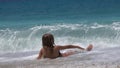 Kid Playing on Beach in Sea Waves, Kid Plays on Seashore, Girl View on Seaside