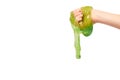 kid playing green slime with hand, transparent toy Royalty Free Stock Photo