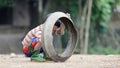 Kid playing with old tire in Sa Pa Valley Royalty Free Stock Photo