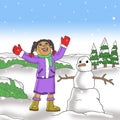 Kid playing on snow with snowman illustration