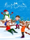 Kid playing with Snowman in Merry Christmas holiday background