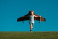 Kid playing with toy plane wings in summer park. Kid dreams of future. Kid pilot dreaming. Childhood dream concept Royalty Free Stock Photo